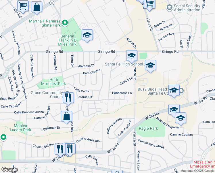map of restaurants, bars, coffee shops, grocery stores, and more near 2205 Rancho Siringo Road in Santa Fe
