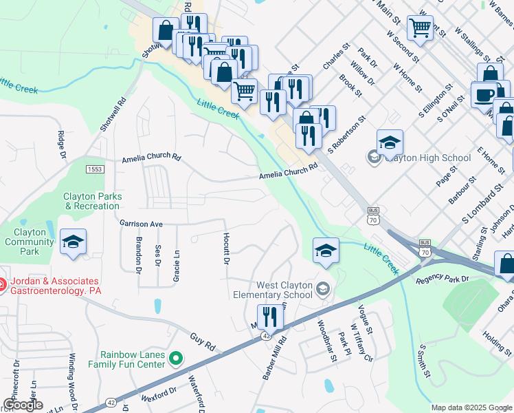 map of restaurants, bars, coffee shops, grocery stores, and more near 358 Fieldspar Lane in Clayton