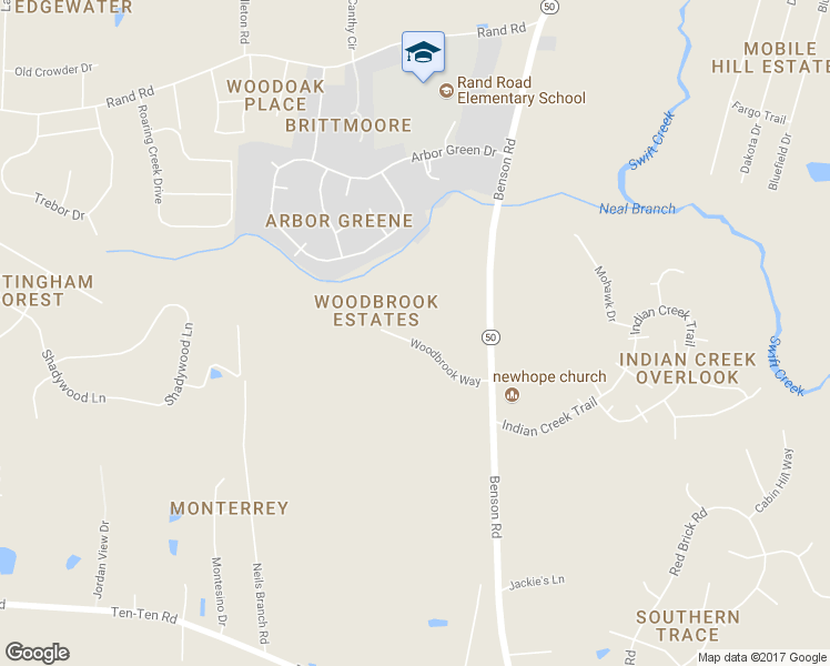 map of restaurants, bars, coffee shops, grocery stores, and more near 1121 Woodbrook Way in Garner