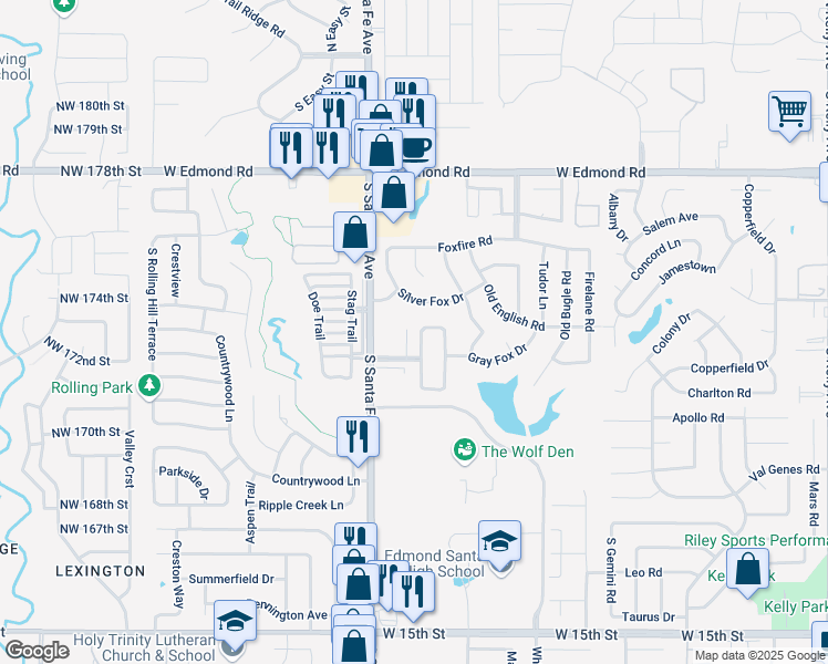 map of restaurants, bars, coffee shops, grocery stores, and more near 716 Pacific Grove Drive in Edmond