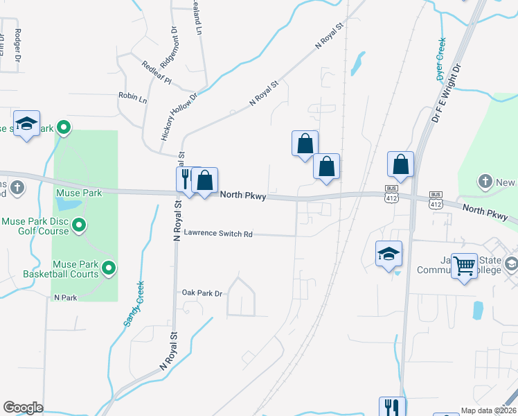 map of restaurants, bars, coffee shops, grocery stores, and more near 1654 North Parkway in Jackson