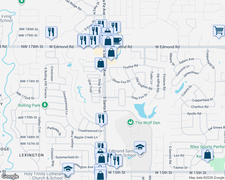 map of restaurants, bars, coffee shops, grocery stores, and more near 725 Taber Lane in Edmond