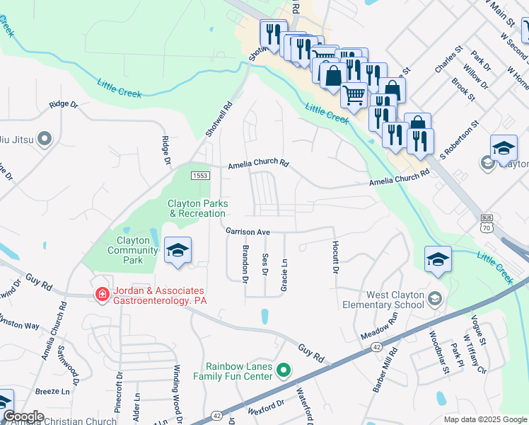 map of restaurants, bars, coffee shops, grocery stores, and more near 110 Plott Hound Drive in Clayton