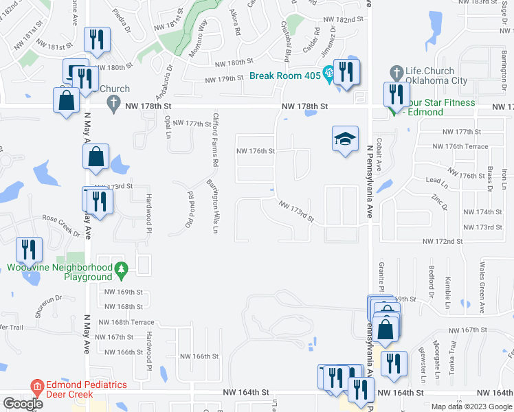 map of restaurants, bars, coffee shops, grocery stores, and more near 17357 Shadow Hawk Lane in Edmond