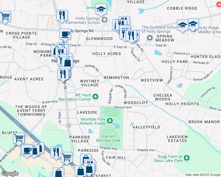map of restaurants, bars, coffee shops, grocery stores, and more near 504 Baygall Road in Holly Springs