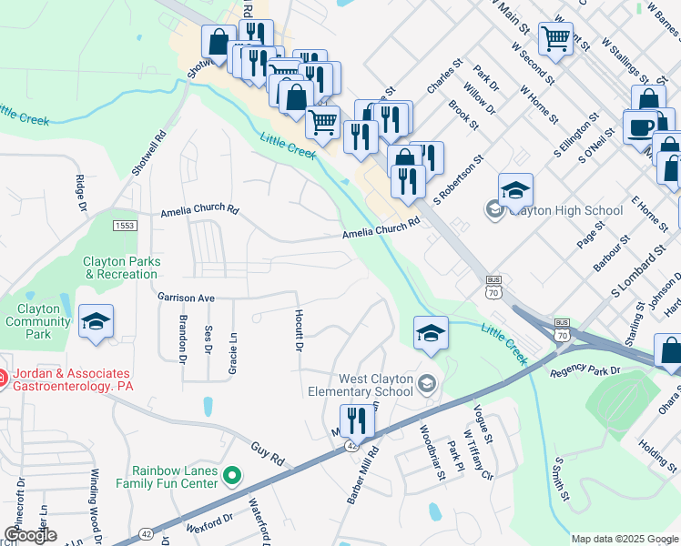 map of restaurants, bars, coffee shops, grocery stores, and more near 358 Fieldspar Lane in Clayton