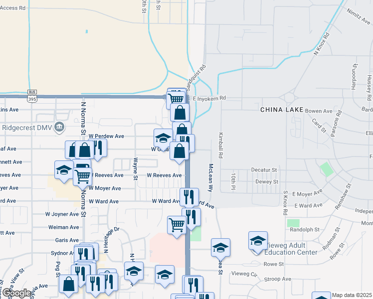 map of restaurants, bars, coffee shops, grocery stores, and more near 2 West Graaf Avenue in Ridgecrest