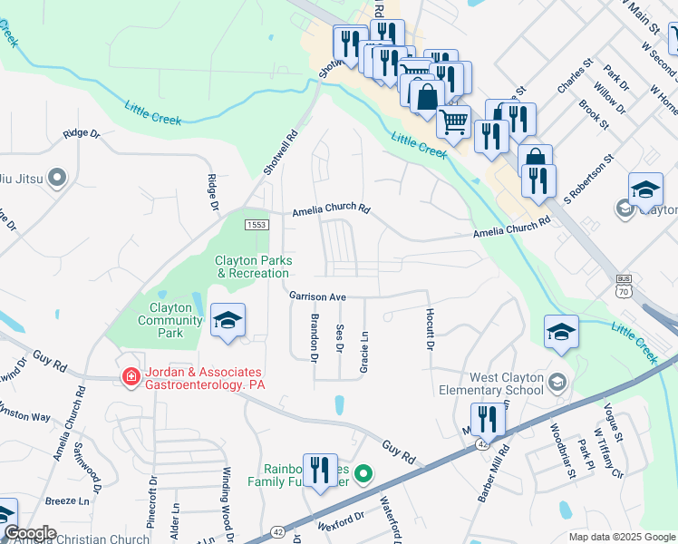 map of restaurants, bars, coffee shops, grocery stores, and more near 110 Plott Hound Drive in Clayton