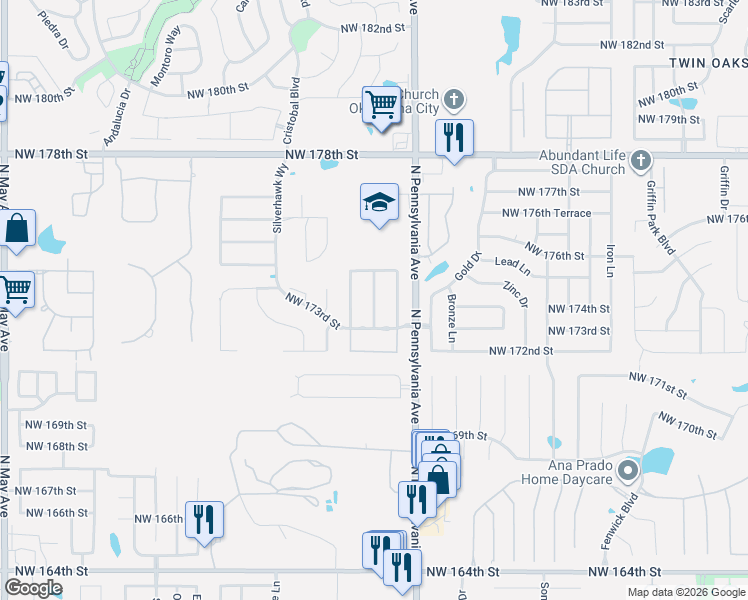 map of restaurants, bars, coffee shops, grocery stores, and more near 17408 Golden Hawk Lane in Edmond