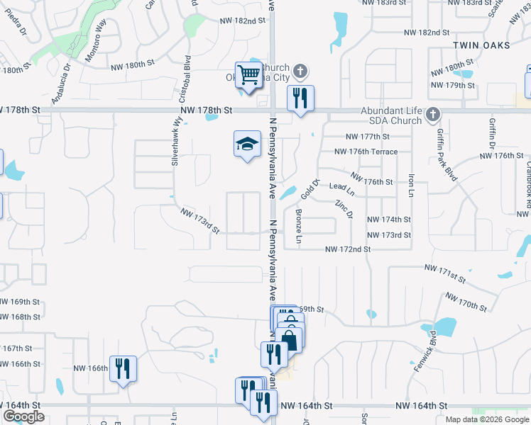 map of restaurants, bars, coffee shops, grocery stores, and more near 17409 Gold Drive in Edmond