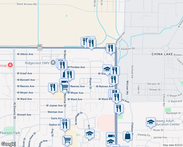 map of restaurants, bars, coffee shops, grocery stores, and more near 245 West Graaf Avenue in Ridgecrest