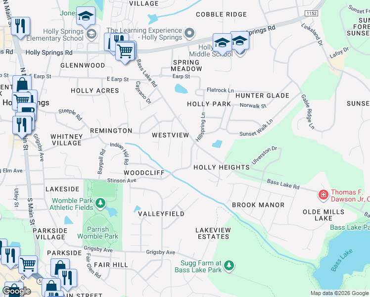 map of restaurants, bars, coffee shops, grocery stores, and more near 140 Lacombe Court in Holly Springs