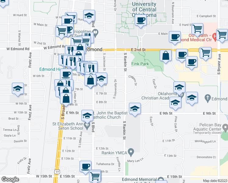 map of restaurants, bars, coffee shops, grocery stores, and more near 617 South University Drive in Edmond