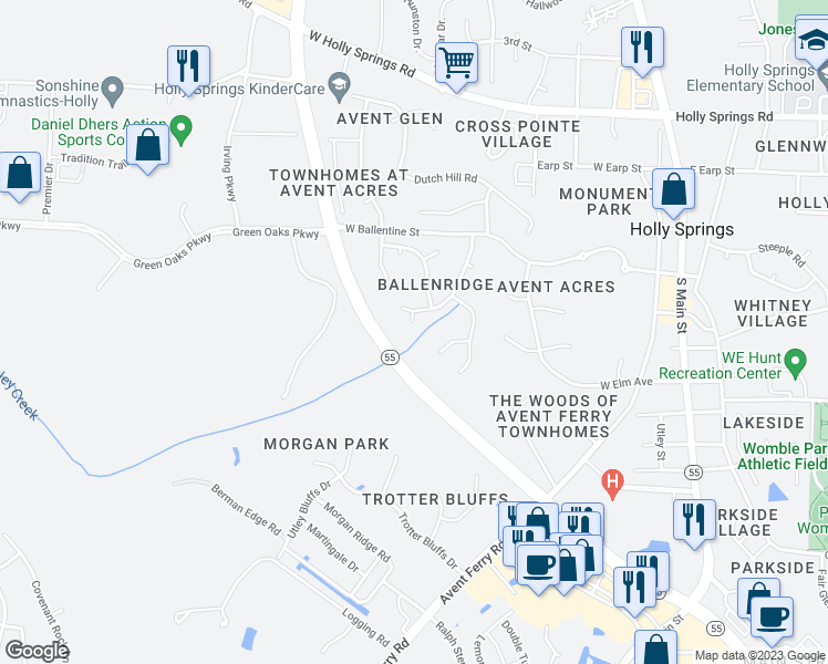 map of restaurants, bars, coffee shops, grocery stores, and more near 113 Thornton Green Place in Holly Springs