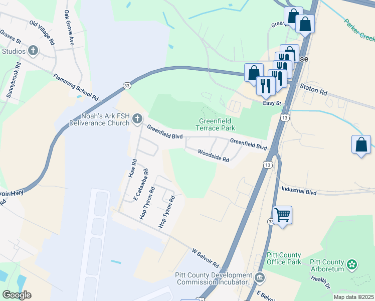 map of restaurants, bars, coffee shops, grocery stores, and more near 315 Woodside Road in Greenville