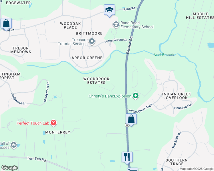 map of restaurants, bars, coffee shops, grocery stores, and more near 1121 Woodbrook Way in Garner