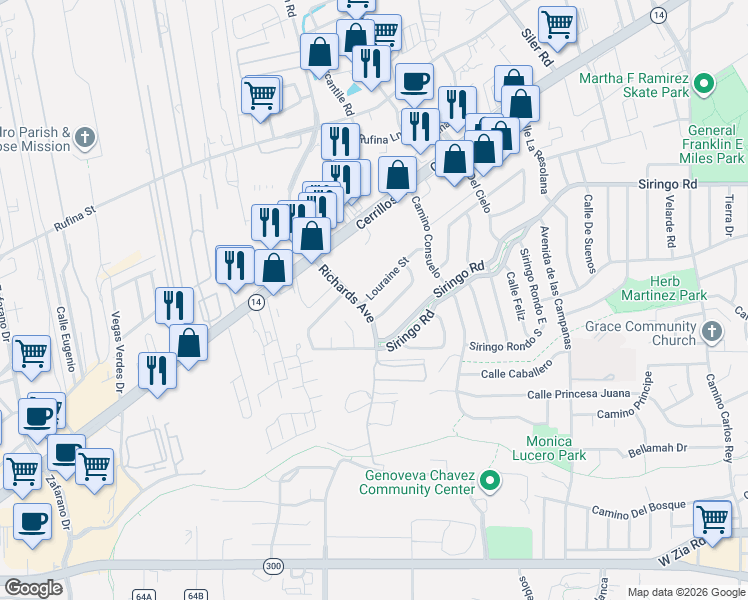 map of restaurants, bars, coffee shops, grocery stores, and more near 1112 Richards Avenue in Santa Fe