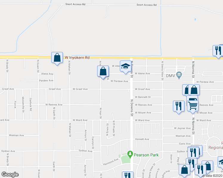 map of restaurants, bars, coffee shops, grocery stores, and more near 1037 West Graaf Avenue in Ridgecrest