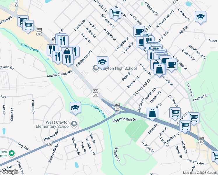 map of restaurants, bars, coffee shops, grocery stores, and more near 110 Jones Circle in Clayton