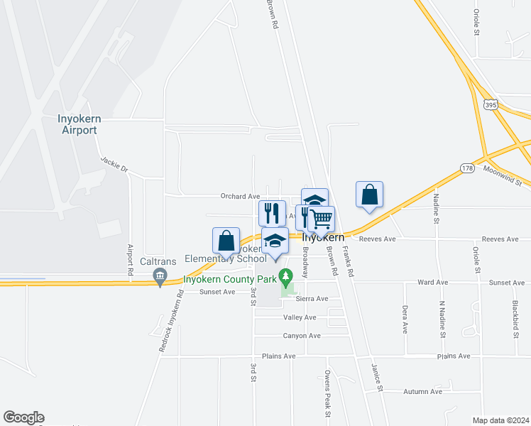 map of restaurants, bars, coffee shops, grocery stores, and more near 6612 Ash Avenue in Inyokern