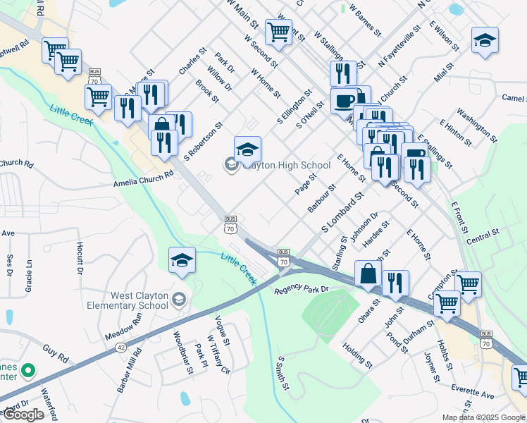 map of restaurants, bars, coffee shops, grocery stores, and more near 110 Jones Circle in Clayton