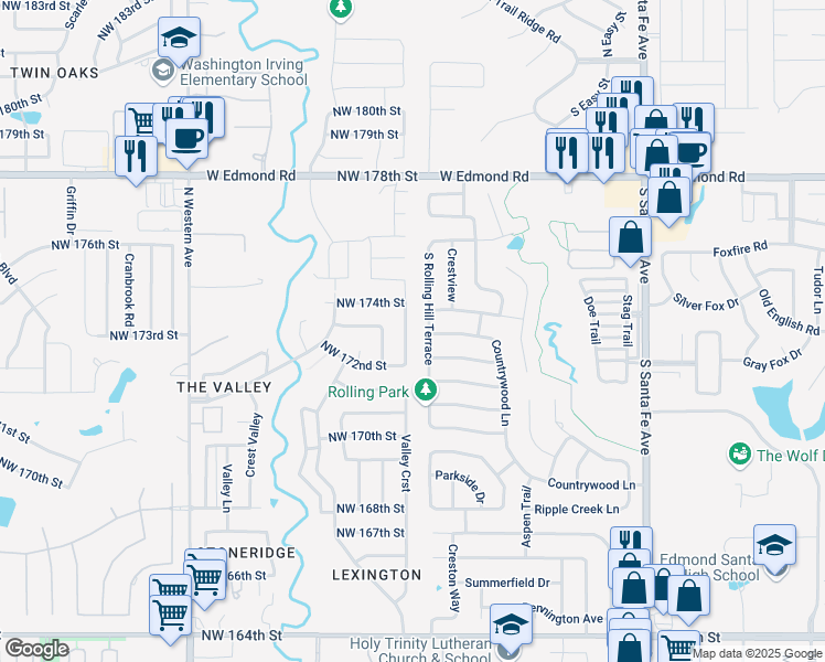 map of restaurants, bars, coffee shops, grocery stores, and more near 17328 Valley Crest in Edmond