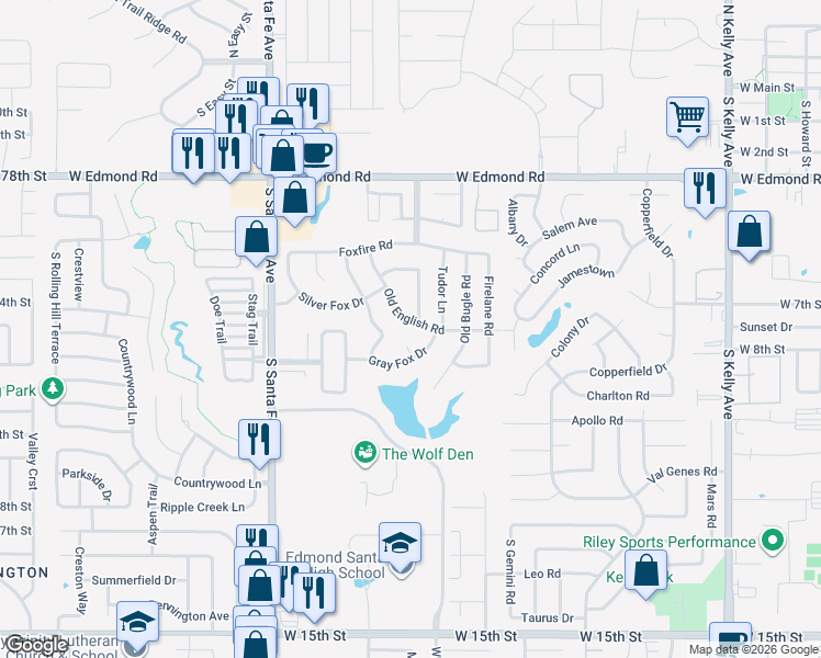 map of restaurants, bars, coffee shops, grocery stores, and more near 709 Gray Fox Run in Edmond