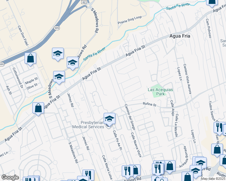 map of restaurants, bars, coffee shops, grocery stores, and more near 1100 Calle Nueva Vista in Santa Fe