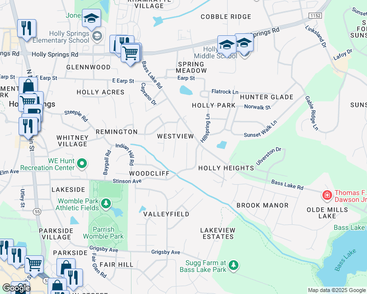 map of restaurants, bars, coffee shops, grocery stores, and more near 145 Lacombe Court in Holly Springs