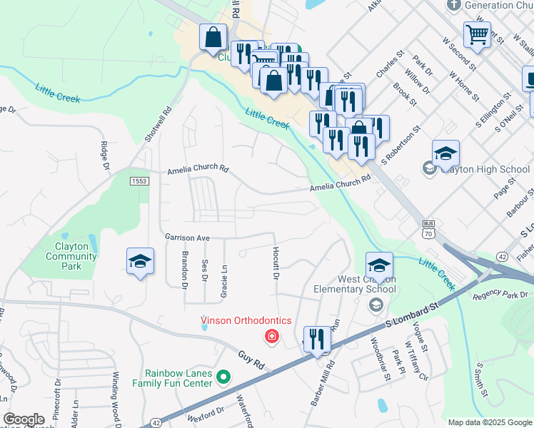 map of restaurants, bars, coffee shops, grocery stores, and more near 180 Fieldspar Lane in Clayton