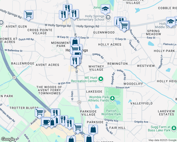 map of restaurants, bars, coffee shops, grocery stores, and more near 528 Lee Street in Holly Springs