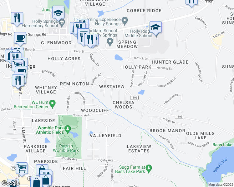 map of restaurants, bars, coffee shops, grocery stores, and more near 145 Lacombe Court in Holly Springs