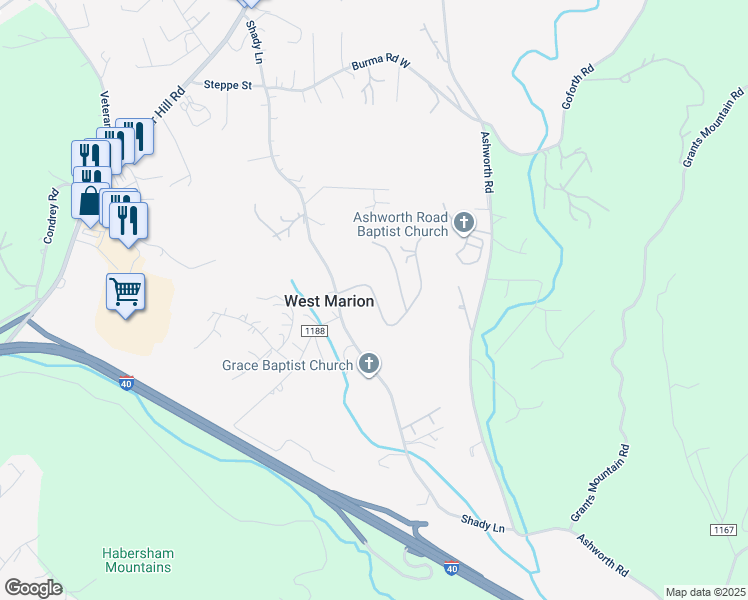 map of restaurants, bars, coffee shops, grocery stores, and more near 823 Shady Lane in Marion
