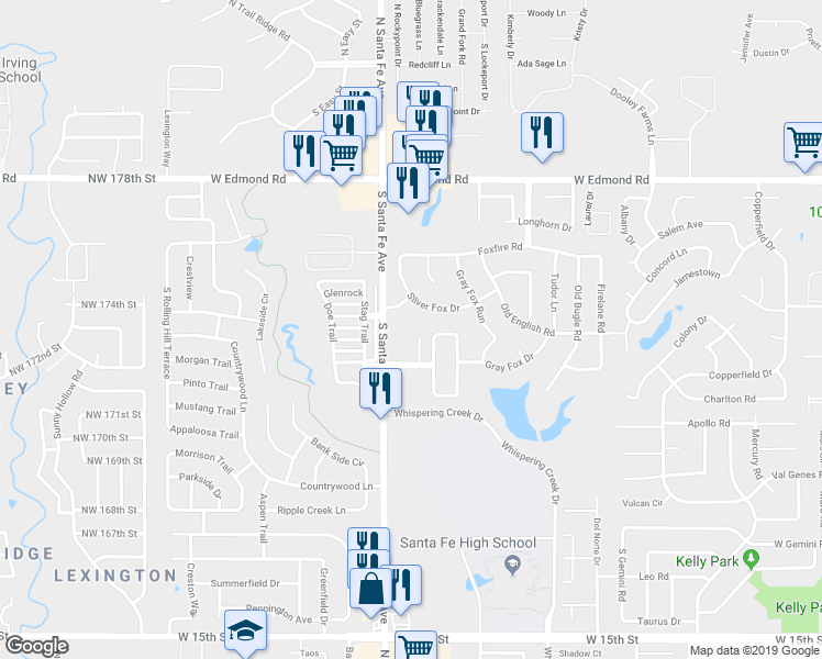 map of restaurants, bars, coffee shops, grocery stores, and more near 633 Taber Lane in Edmond