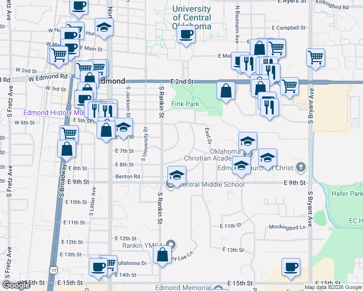 map of restaurants, bars, coffee shops, grocery stores, and more near 626 Timber Lane in Edmond