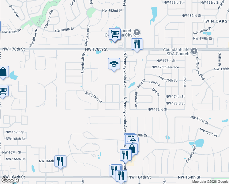 map of restaurants, bars, coffee shops, grocery stores, and more near 17408 Golden Hawk Lane in Edmond