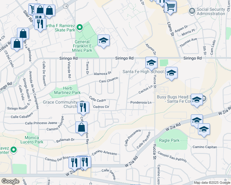map of restaurants, bars, coffee shops, grocery stores, and more near 2264 Calle Pulido in Santa Fe