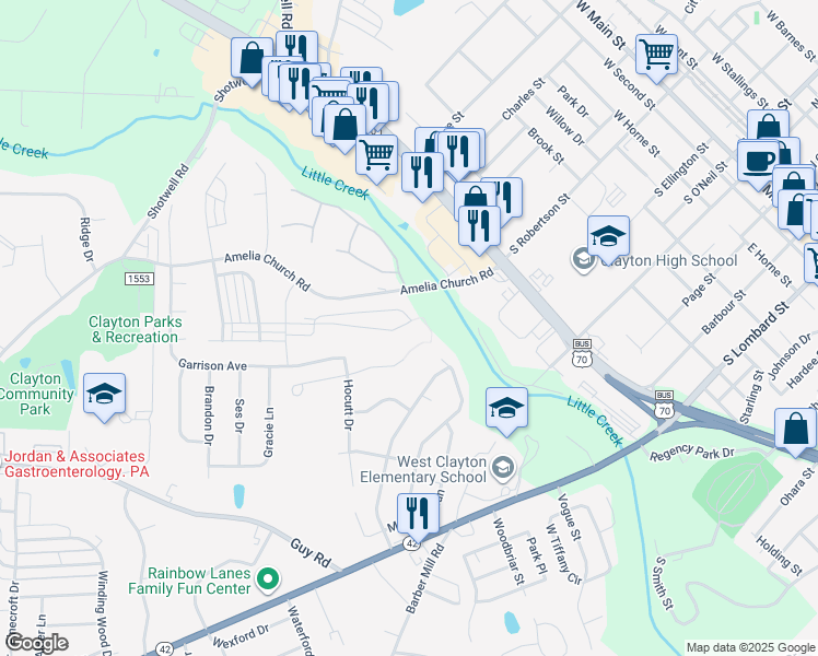 map of restaurants, bars, coffee shops, grocery stores, and more near 147 East Lumber Court in Clayton