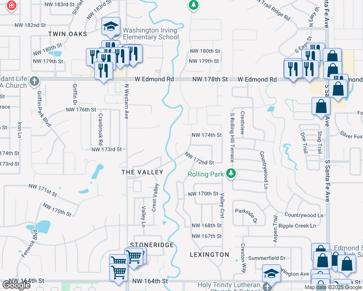 map of restaurants, bars, coffee shops, grocery stores, and more near 704a Northwest 172nd Street in Edmond