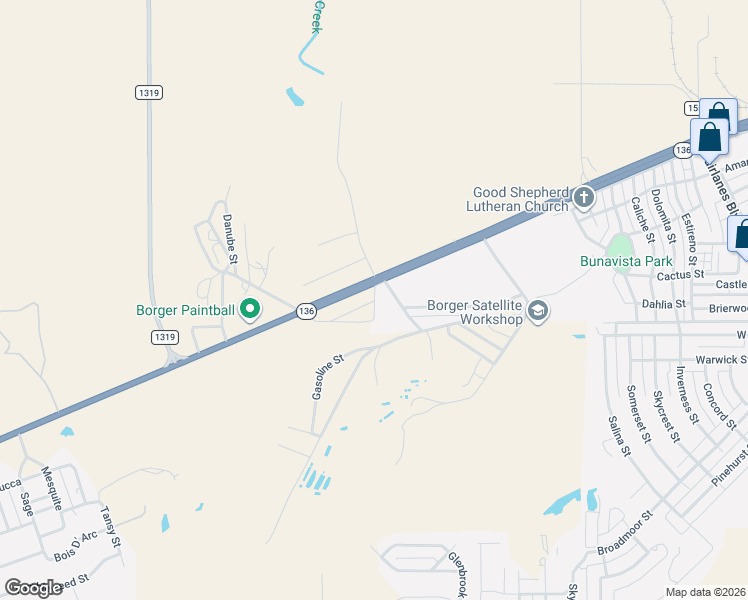 map of restaurants, bars, coffee shops, grocery stores, and more near 45 South Shelton Street in Borger