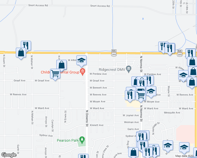 map of restaurants, bars, coffee shops, grocery stores, and more near 804 West Graaf Avenue in Ridgecrest