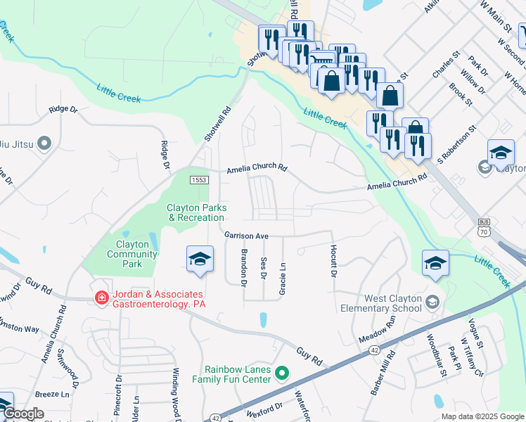map of restaurants, bars, coffee shops, grocery stores, and more near 109 Scuppernong Way in Clayton