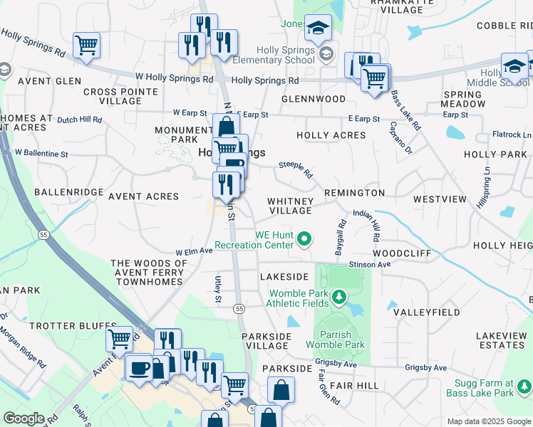 map of restaurants, bars, coffee shops, grocery stores, and more near 528 Lee Street in Holly Springs
