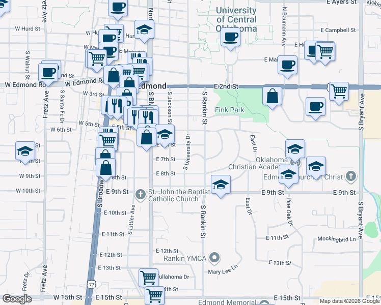 map of restaurants, bars, coffee shops, grocery stores, and more near 411 East 6th Street in Edmond