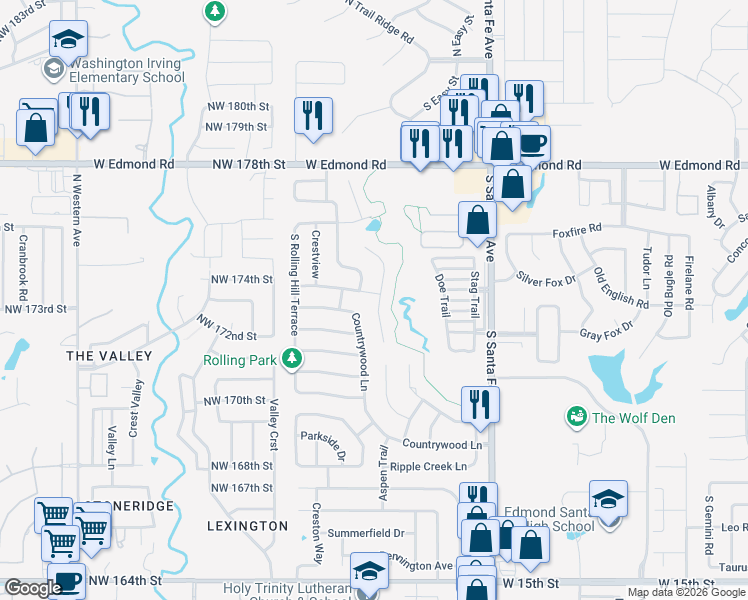 map of restaurants, bars, coffee shops, grocery stores, and more near 625 South Country Side Trail in Edmond
