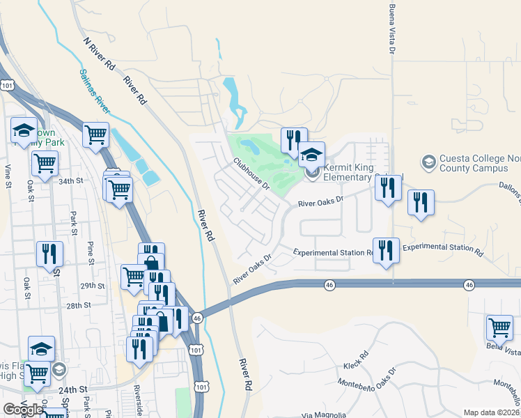 map of restaurants, bars, coffee shops, grocery stores, and more near 2651 Alameda Drive in Paso Robles