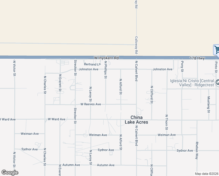 map of restaurants, bars, coffee shops, grocery stores, and more near 1528 North Phillips Street in Ridgecrest