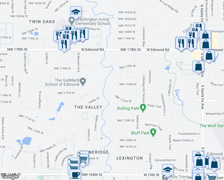map of restaurants, bars, coffee shops, grocery stores, and more near 17316 Sun River Court in Edmond