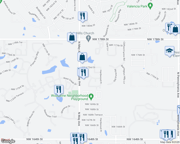 map of restaurants, bars, coffee shops, grocery stores, and more near 17316 Ridgewood Drive in Edmond