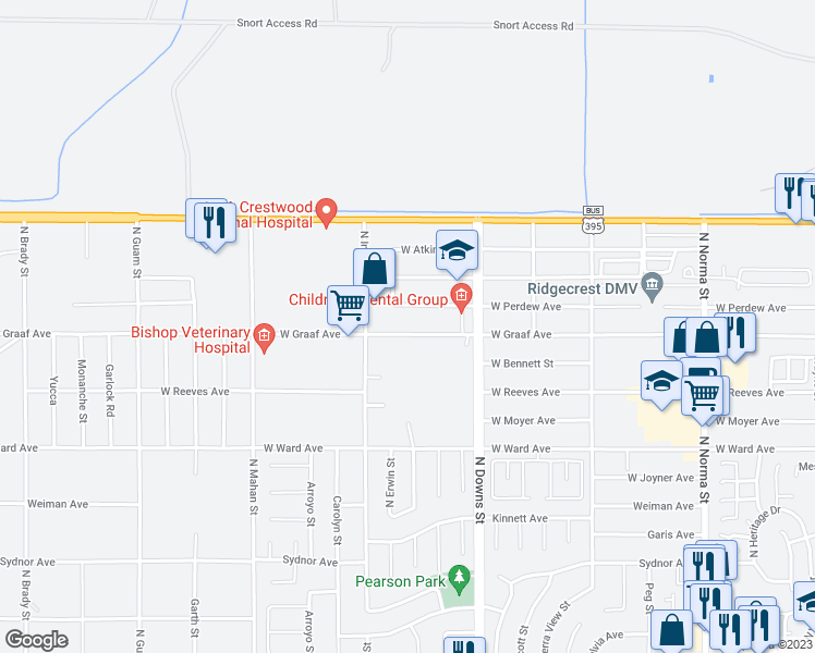 map of restaurants, bars, coffee shops, grocery stores, and more near 1008 West Graaf Avenue in Ridgecrest